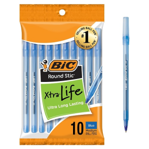 BIC Round Stic Xtra Life Ballpoint Pens, Medium Point (1.0mm), Black Ink, 10-Count Pack