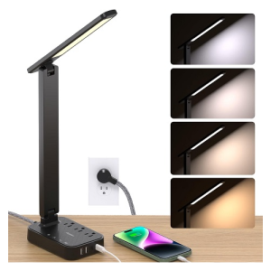 Addtam LED Desk Lamp with Built-In Power Strip – 3 AC Outlets + 4 USB Ports (2 USB-C) | 4 Color Modes & 5 Brightness Levels | Touch Control Study Lamp for College Dorm, Home Office & Bedroom Essentials (Black)